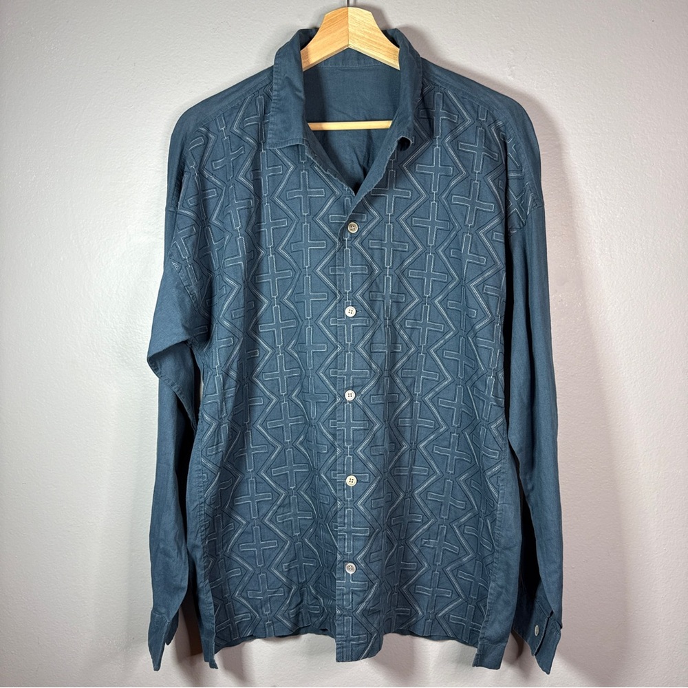 Issey Miyake Vintage Blue Geometric Pattern Linen Shirt